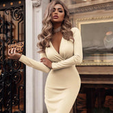 Summer Long Sleeve Low Collar V-Neck Dress Bandage Bodycon High Waist Dress Fashion New Slim Solid Short Pencil Dress